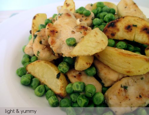 Pan cooked chicken with potatoes and peas